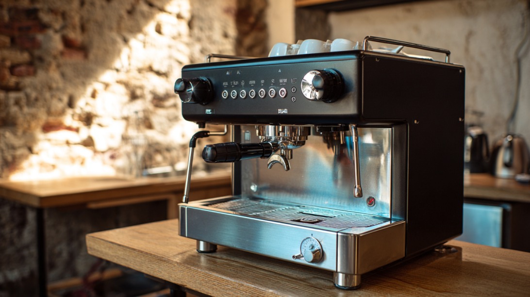 Profesionalni aparat za espreso postavljen na drvenom pultu u enterijeru kafića