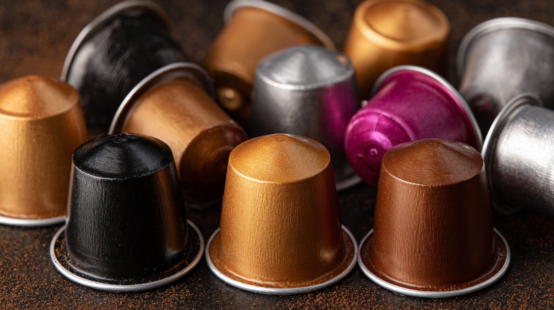 Različite espreso kapsule u više boja poređane na tamnoj površini