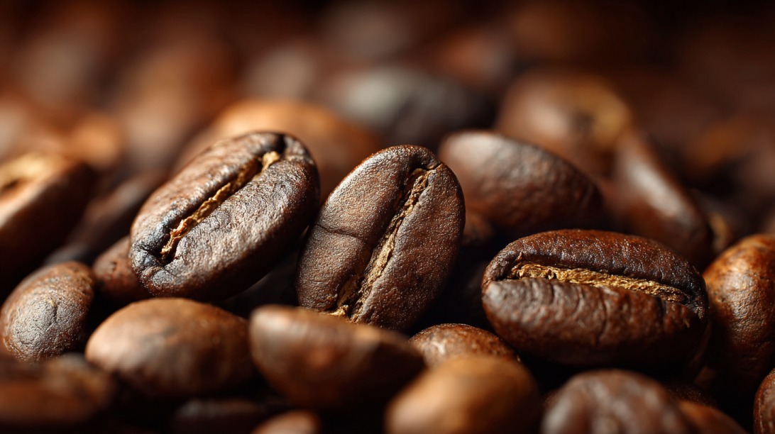 Krupni plan zrna kafe sa naglašenom teksturom i tamnim tonovima