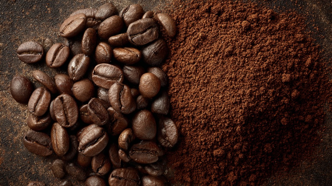 Zrna kafe pored sveže mlevene espreso kafe na tamnoj podlozi