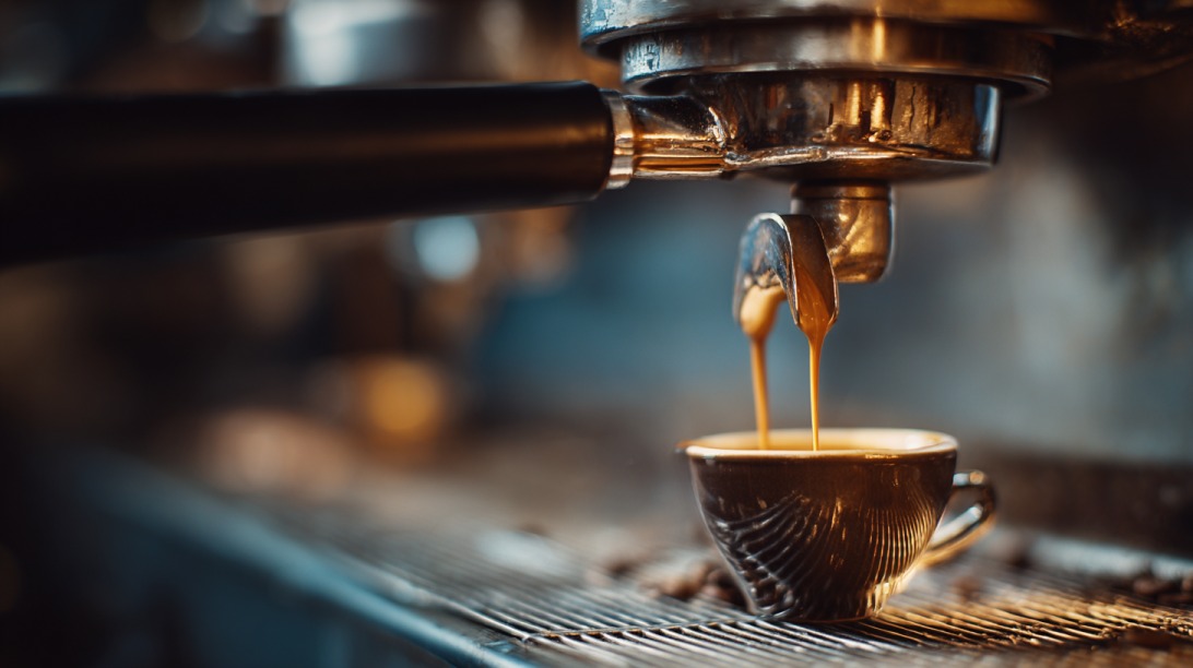Aparat za espreso dok sipa svežu kafu u malu šoljicu