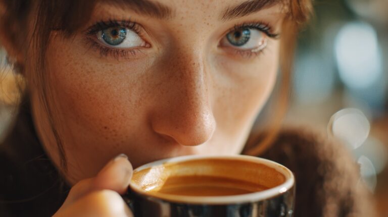 Krupan plan osobe koja pije espreso kafu iz tamne šolje