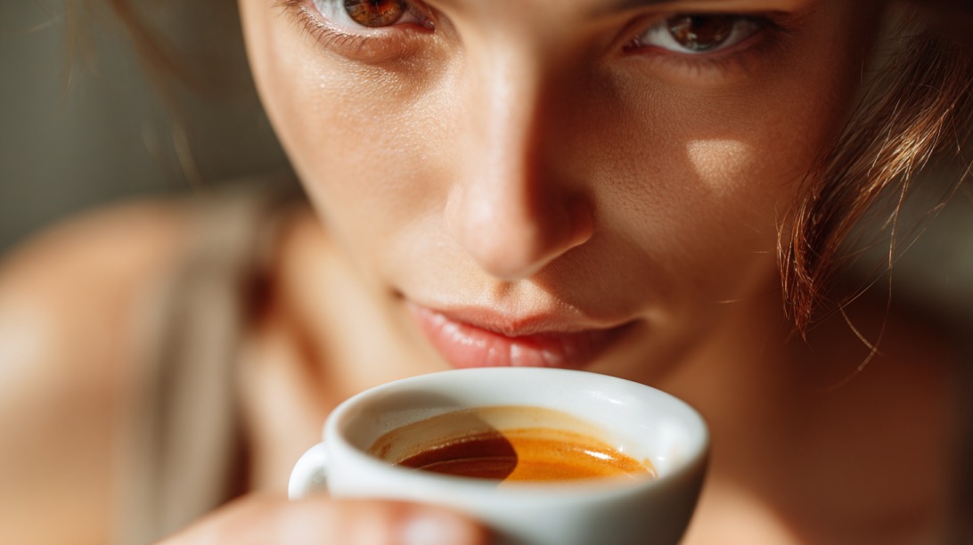 Osoba drži šolju espreso kafe blizu lica i uživa u aromi