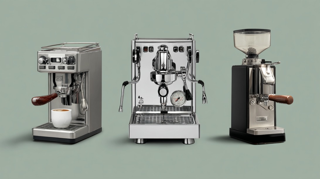 Tri različita aparata za espreso i mlin za kafu postavljeni jedan pored drugog