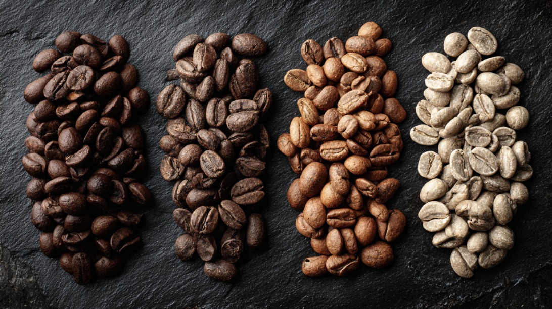 Četiri vrste kafe u zrnu poređane po stepenu prženja na tamnoj podlozi