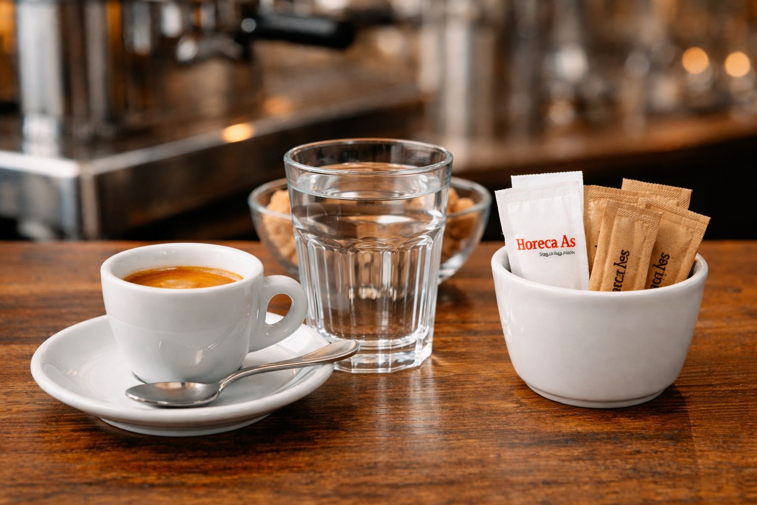 Espreso u beloj šolji sa većom čašom vode i ugostiteljskim šećerom na drvenom stolu u kafiću