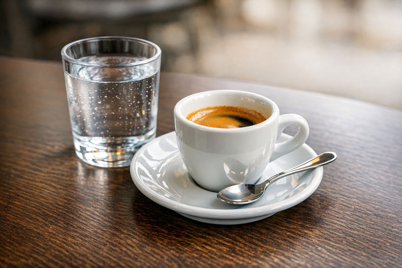 Šolja espresa sa kremom na tacni uz čašu vode i kašičicu na drvenom stolu